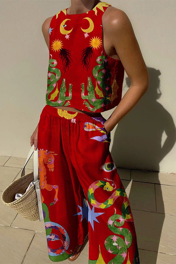 Mariele Leinenmix-Set mit einzigartigem Print: Ärmelloses Top und Hose mit Gummibund und Taschen - Sopheria
