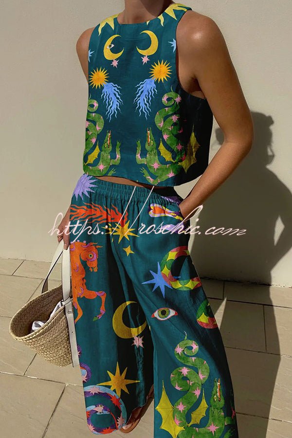 Mariele Leinenmix-Set mit einzigartigem Print: Ärmelloses Top und Hose mit Gummibund und Taschen - Sopheria