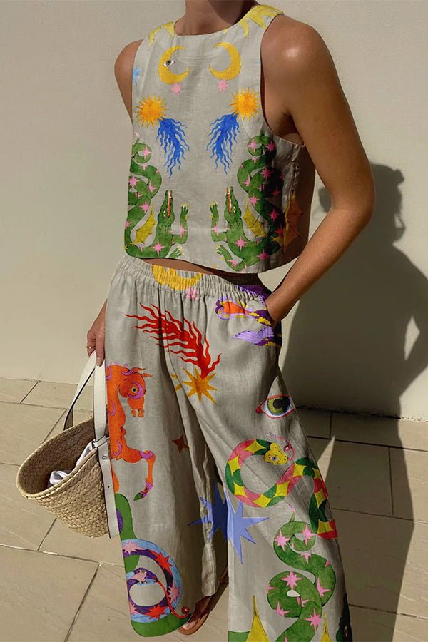 Mariele Leinenmix-Set mit einzigartigem Print: Ärmelloses Top und Hose mit Gummibund und Taschen - Sopheria