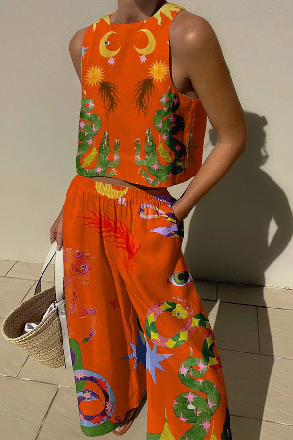 Mariele Leinenmix-Set mit einzigartigem Print: Ärmelloses Top und Hose mit Gummibund und Taschen - Sopheria