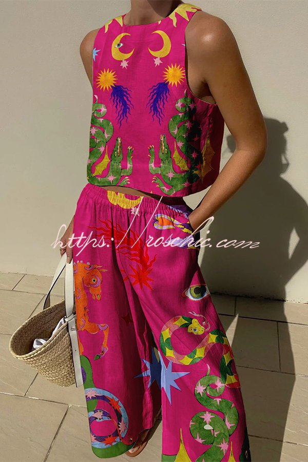 Mariele Leinenmix-Set mit einzigartigem Print: Ärmelloses Top und Hose mit Gummibund und Taschen - Sopheria