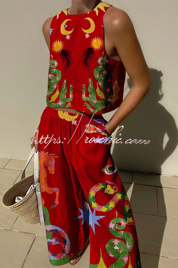 Mariele Leinenmix-Set mit einzigartigem Print: Ärmelloses Top und Hose mit Gummibund und Taschen - Sopheria