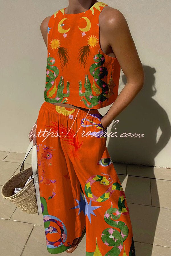 Mariele Leinenmix-Set mit einzigartigem Print: Ärmelloses Top und Hose mit Gummibund und Taschen - Sopheria