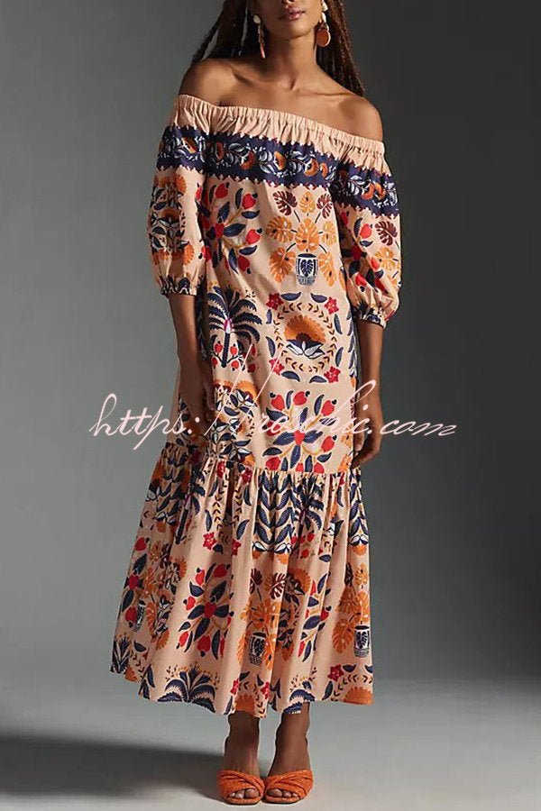 Renate Schulterfreies, fließendes Midikleid mit Taschen und Insel-Print - Sopheria
