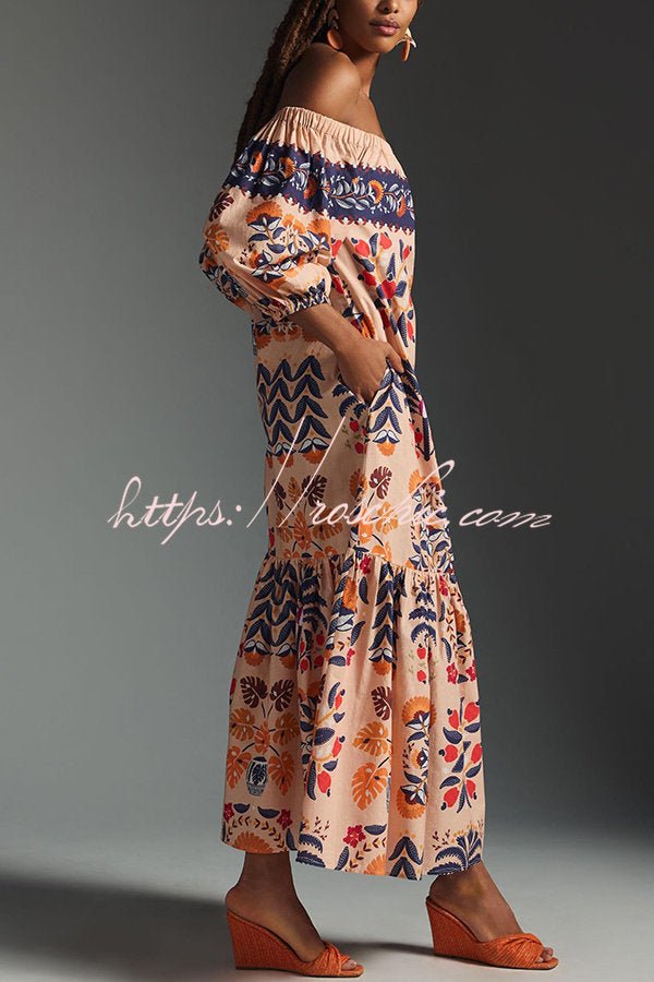Renate Schulterfreies, fließendes Midikleid mit Taschen und Insel-Print - Sopheria
