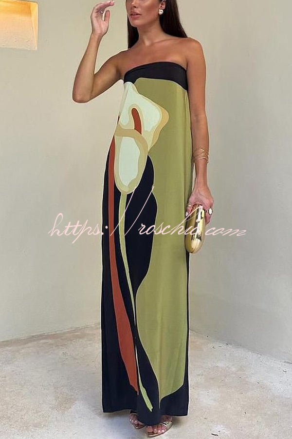 Rosalinde Schulterfreies Maxikleid mit abstraktem Blumenmuster und elastischem Bund – Lockerer Urlaubsstil - Sopheria