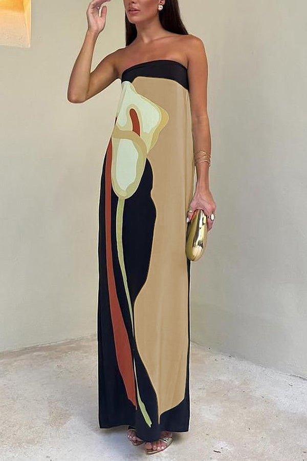Rosalinde Schulterfreies Maxikleid mit abstraktem Blumenmuster und elastischem Bund – Lockerer Urlaubsstil - Sopheria