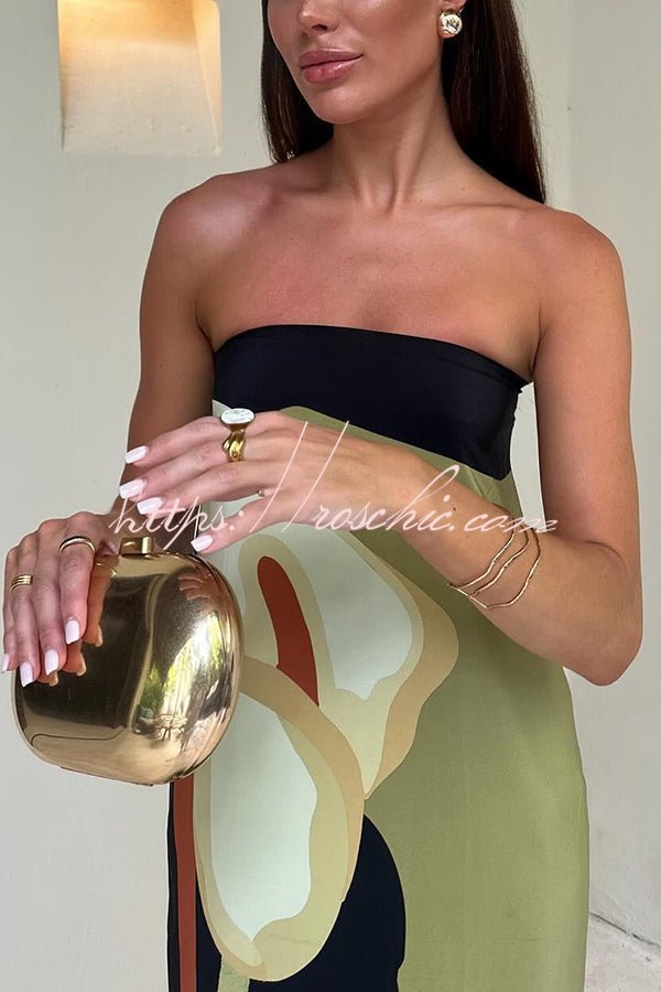 Rosalinde Schulterfreies Maxikleid mit abstraktem Blumenmuster und elastischem Bund – Lockerer Urlaubsstil - Sopheria