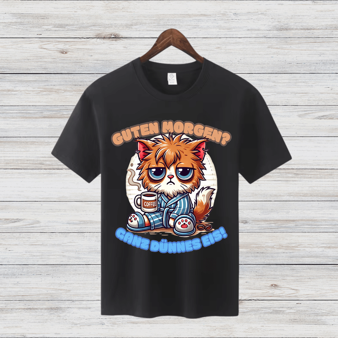 Schlafmuffel Katze | Lustiges Morgenmuffel-Shirt | Humorvolles Katzen-Design | Statement-Shirt für Kaffeeliebhaber - Sopheria