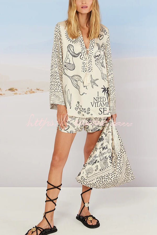 Selma Satin-Set mit einzigartigem Buchstabenmuster, Fransenhemd und Shorts mit elastischem Bund – Versand in 24 Stunden - Sopheria