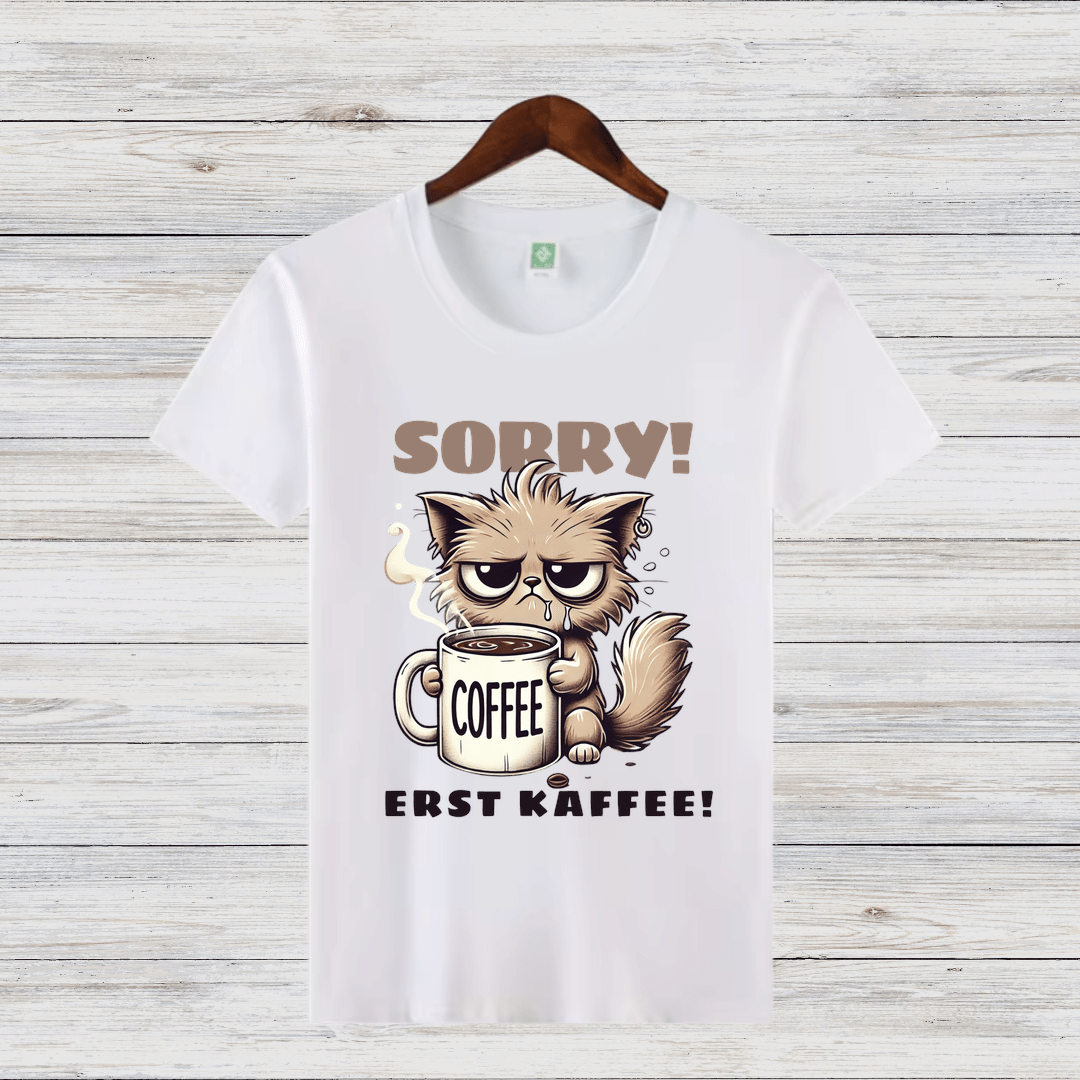 Sorry Erst Kaffee Shirt | Lustiges Katzen T-Shirt | Kaffee Statement | Humorvolles Winterdesign für Damen - Sopheria