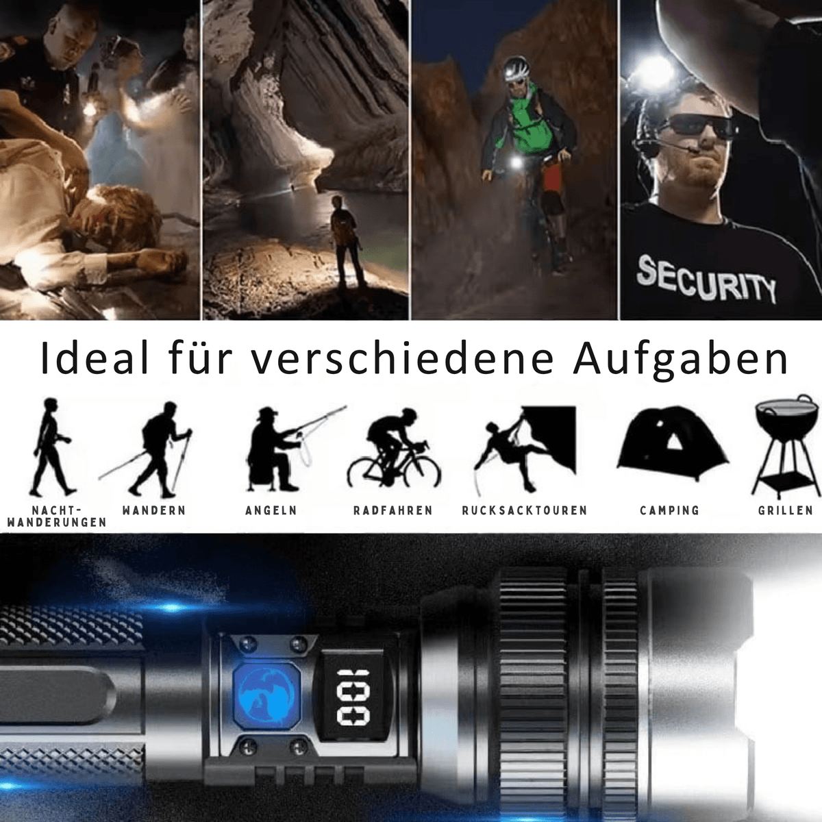 Thorsten – Extrem leistungsstarke LED-Taschenlampe, wasserdicht & stoßfest, mit Zoomfunktion und Powerbank - Sopheria
