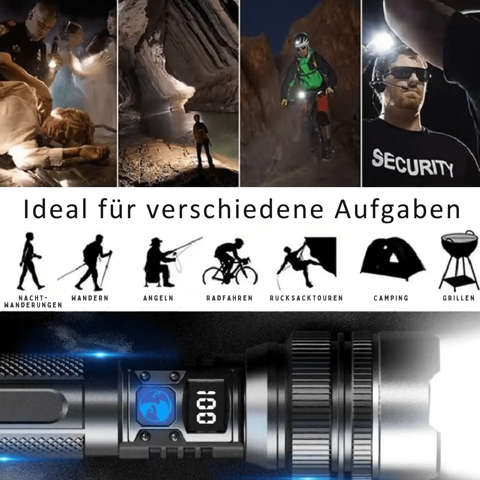 Thorsten – Extrem leistungsstarke LED-Taschenlampe, wasserdicht & stoßfest, mit Zoomfunktion und Powerbank - Sopheria