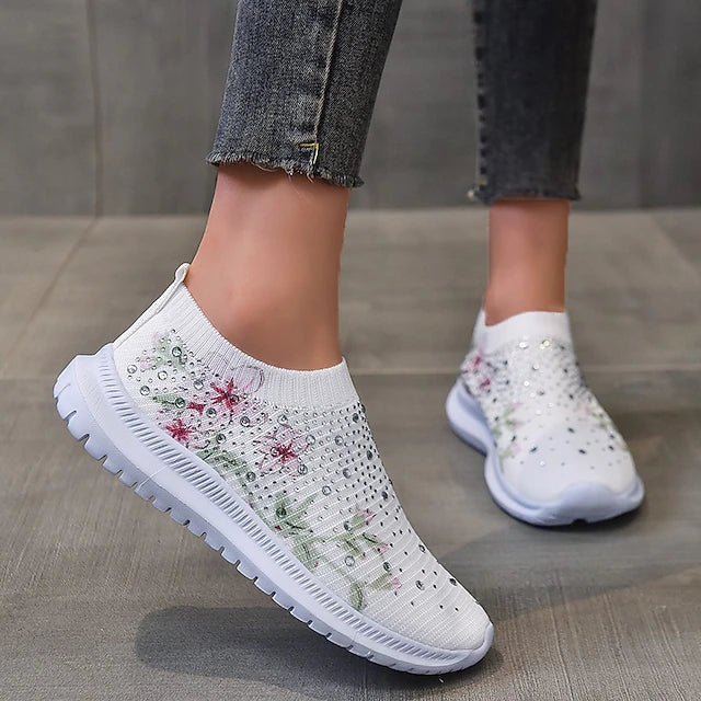 Women's White Slip-On Sneakers with Floral Print and Rhinestones for Casual Wear 2026 - $29.99