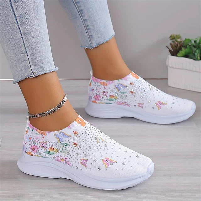 Women's White Slip-On Sneakers with Floral Print and Rhinestones for Casual Wear 2026 - $29.99